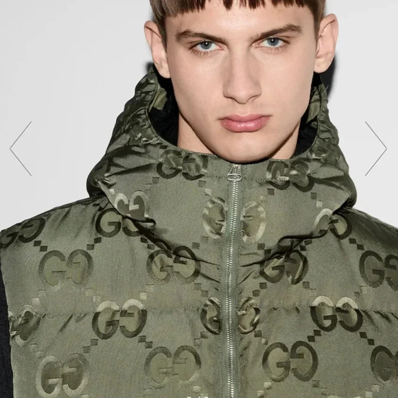 AUTHENTIC GUCCI JUMBO GG monogram CANVAS DOWN VEST green men’s hood puffer gilet - Picture 8 of 10